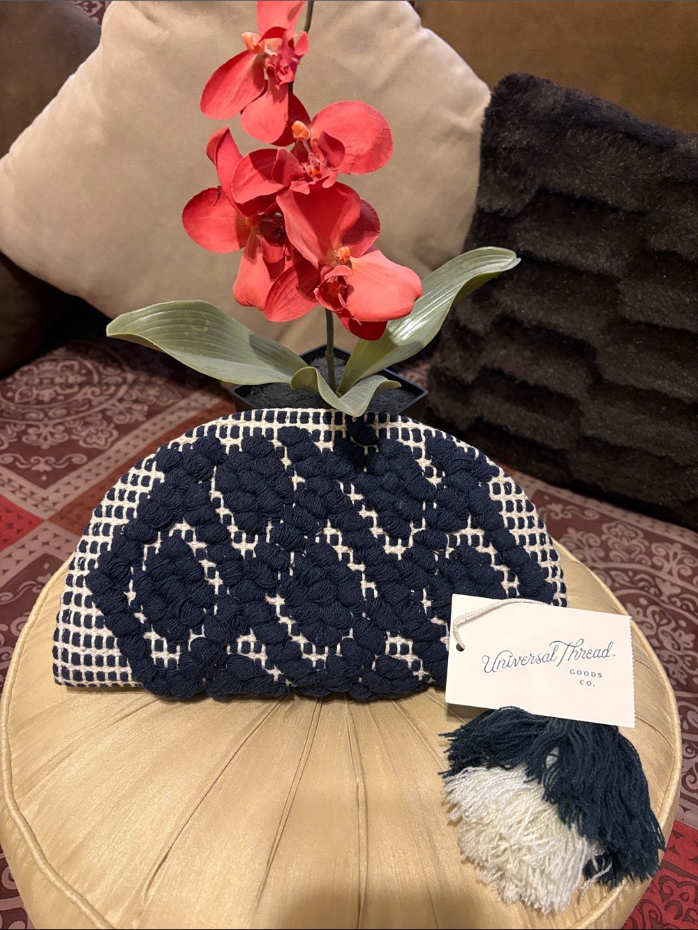 NWT Universal Thread Navy and Tan Braided Woven Clutch with Tassel Accent